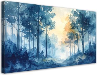 Feeby Cuadro En Lienzo, Bosque Brumoso Paisaje En Pastel Naturaleza En Estilo Escandinavo Azul, 120x60