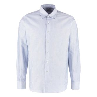 THE (ALPHABET) Gestreept katoenen overhemd met afgeronde zoom - Heren - Casual Overhemden - Blauw - 3XL - Katoen - Overhemden