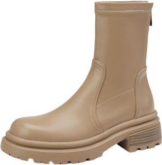 Generic Womens PU Leather Suede Ankle Boots Round Toe Thick Lug Sole Side Zipper Stretch Upper Soft Lining Cushioned Insole Durable Non-Slip Outsole,Khaki,3.5