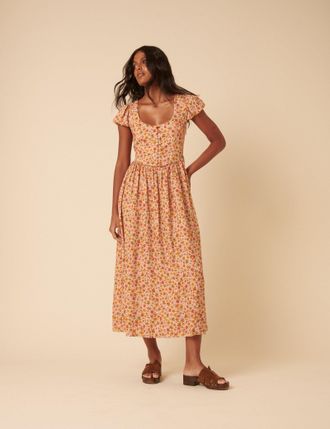 Nobody's Child Orange Floral Puff Sleeve Cora Midi Dress