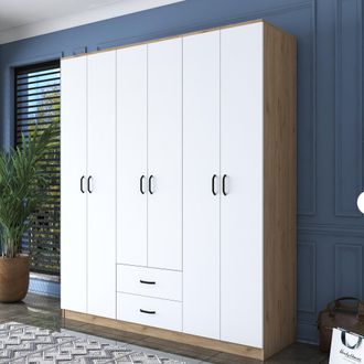 Dmora Armario Grande Tadasuni, Dormitorio 5 Estantes, 2 Cajones, Colgador, 180x210 Cm Blanco