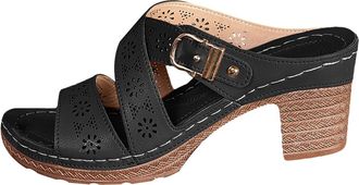 Generic Platform Heels Sandals for Women Mules Shoes for Women Leather Hollow Out Clogs with Block Heel Open Toe Clogs Slip On Non-Slip Sandal Lightweight Wal