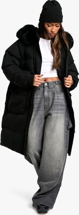 Boohoo Womens Premium Faux Fur Trim Parka - Black Nylon - Size Small