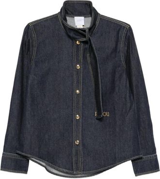 Patou Blauwe Stropdas Hals Shirt met Logo - Dames - Spijkeroverhemden - Blauw - M - Katoen - Overhemden