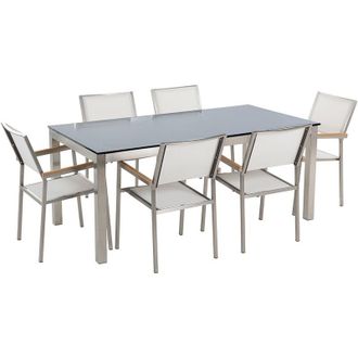 Beliani Conjunto De Comedor De Jard&iacute;n Blanco Con Mesa 180 X 90 Cm De Vidrio Negro 6 Sillas Grosseto