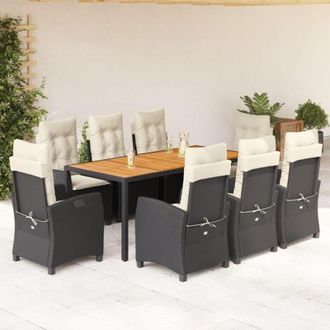 vidaXL Set De Comedor De Jard&iacute;n 9 Pzas Y Cojines Rat&aacute;n Sint&eacute;tico Negro Vidaxl