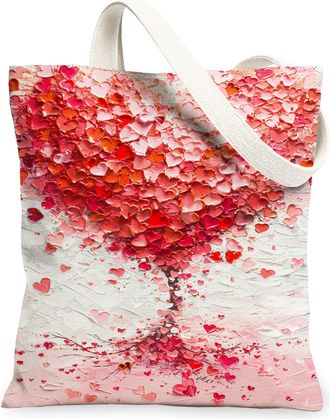 Generic Heart Tree Canvas Tote Bags, Romantic Floral Pattern Reusable Grocery Bags, Lightweight Washable Shoulder Strap Canvas for, Peach, 13x15 Inch