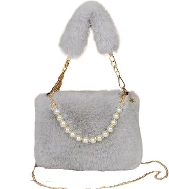 Generic Womens Plush Bags Fluffy Pearl Handbag Fashionable Womens Crossbody Bag Chain Design Autumn Winter Small Versatile(Light Grey)