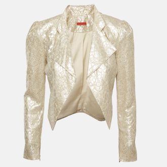 Alice & Olivia Alice + Olivia Cream Metallic Lace Open Front Crop Jacket