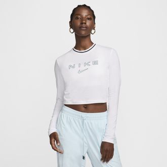 Nike Womens Nike Sportswear Chill Knit Slim Long-Sleeve Cropped Graphic T-Shirt in White | FZ2858-100