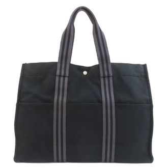 Herm&egrave;s Black Gray Canvas Tote Bag (Pre-Owned)