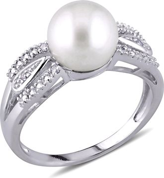 Mimi & Max 9-9.5mm Cultured Freshwater Pearl and Diamond Accent Split Shank Ring in Sterling Silver