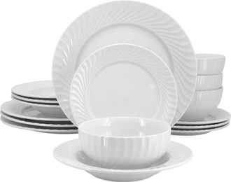 Elama Julia 16 Piece Scalloped Double Bowl Porcelain Dinnerware Set in White