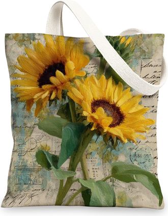 Generic Sunflower Canvas Tote Bag, Vintage Reusable Grocery Bags, Lightweight Shoulder Strap Bags 13x15 Inch