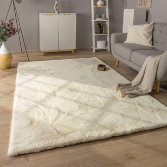 Paco Home Paco Home - Alfombra Sal&oacute;n Pelo Largo Shaggy Imitaci&oacute;n Piel Conejo Piel Sint&eacute;tica Mullida &Oslash; 120 Cm Redon, Crema