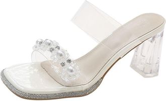 Generic Heel Sandals for Women Sexy Open Toe High Heels 8 CM Transparent chunky heel Pearls Rhinestones Square toe (5.5)