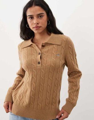 GANT maglia a trecce in cotone elasticizzato con mezza zip in khaki caldo-Verde