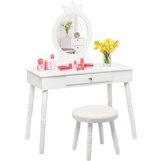Costway Kids Vanity Table and Chair Set Pretend Makeup Dressing Table W/ Mirror & Drawer
