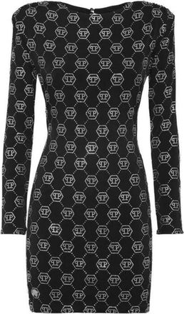 Philipp Plein Kleedjes, Dames, Zwart, M, Polyester, Padded Shoulder Monogram Mini Dress