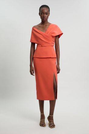 Karen Millen Womens Compact Viscose Stretch Tailored Peplum Midi Dress - Orange - Size 10 UK