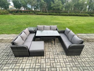 Fimous Patio Rattan Garden Furniture Set with Oblong Rectangular Dining Table Big Footstool Side Table 10 Seater Outdoor Lounge Sofa Set in Dark Grey
