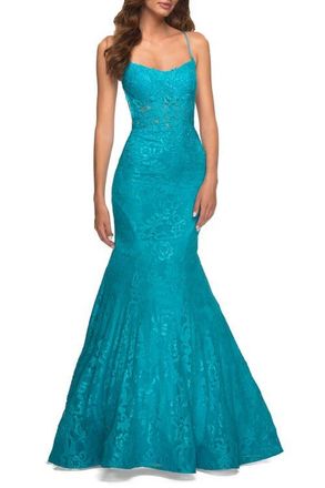 La Femme Bright Mermaid Lace Gown with Sheer Bodice and Open Back in Aqua at Nordstrom, Size 6