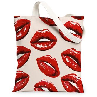 Generic Lips Pattern Canvas Tote Bag, Stylish Kiss Print Reusable Grocery Bags, Summer Funky Lightweight Washable Shoulder Strap Canvas Bags for Gym Outdoor T