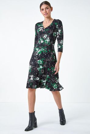 Roman Floral Button Frill Stretch Dress