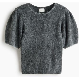 H&M Knitted Puff-sleeved Top in Gray Melange at Nordstrom, Size Xx-Large