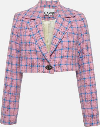 Ganni Ganni Pink/blue Tweed Check Cropped Blazer
