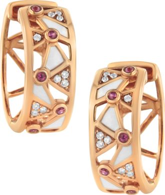 House of Brilliance 14K Rose Gold 1/6 Cttw Diamond and Pink Tourmaline White Enamel Geometric Hoop Earrings