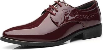 Generic Dress Shoes for Men Lace Up Snip Toe Patent Leather Derby Shoes Vegan Leather Slip Resistant Rubber Sole Anti-Slip Block Heel Low Top Classic(Wine Red