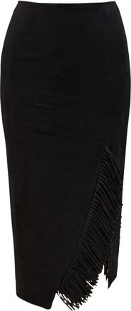 Simona Corsellini Gonna midi effetto lino con frange e spacco laterale - Dames - Midirokken - Zwart - XS - Linnen - Rokken
