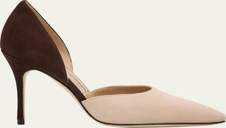 Manolo Blahnik 90mm Taylerbinu Bicolor Suede Pointed-Toe Pumps