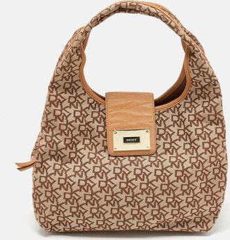 DKNY Dkny Beige Signature Fabric And Leather Town And Country Hobo