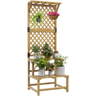 OUTSUNNY Soporte Para Plantas De Madera Estanter&iacute;a Para Plantas De 2 Niveles Con Enrejado Para Jard&iacute;n Patio Terraza Natural