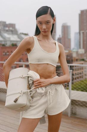 Alo Alosoft Center Stage Bra in Oatmeal Heather Beige, Size: Medium