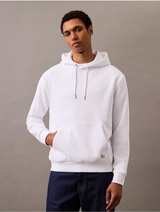 Calvin Klein Mens Monogram Logo Patch Fleece Hoodie - White - XL