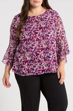 Kasper Ruffle Sleeve Top in Cerise Multi at Nordstrom, Size 1X