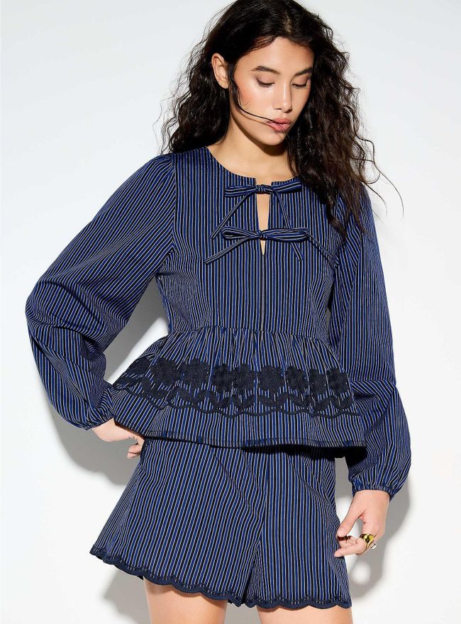 Womens Peplum waist puff-sleeve blouse