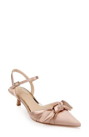 Badgley Mischka Ember Ankle Strap Pointed Toe Kitten Heel Pump in Beige Satin at Nordstrom Rack, Size 5.5