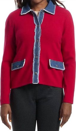 Elliott Lauren Stitch Perfect Sweater Jacket With Denim Trim Detail In Red