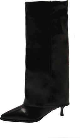 Generic Womens Knee High Boots Fold Over Stiletto Boot Slip-On Leather Boots Ladies Pointed Toe Shoes Wide Shaft Rain Boot Pull On Long Booties Waterproof Slo