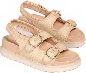 Mi.iM Womens Hallie Dual Buckle Straw Effect Sandal In Beige