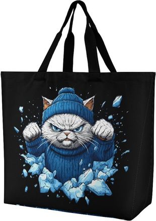 Generic Angry Cat Large Reusable Shopping Bag Lightweight Foldable Tote Bags Washable Shoulder Handbag