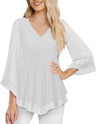 Generic Women Tops 3/4 Sleeve Sparkly Dressy Blouses Ladies V Neck Ruffle Glitter Tunic Tops Double Layers Mesh Shirt Flowy Casual Flared Sleeve Tshirts Light