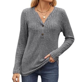 Generic Womens Square Neck Tops Fall Outfits for Women Tunic Tops for Leggings Ribbed T Shirts Knitted Women Long Sleeve Sweaters Button Basic Work Business C
