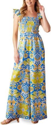 Flying Tomato Smocked Flutter Sleeve Jumpsuit in Ivory Blue at Nordstrom Rack, Size Medium
