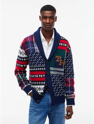 Tommy Hilfiger Mens Patchwork Wool-Blend Cardigan - Carbon Navy - XL