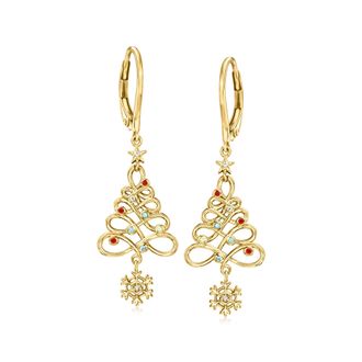 Ross-Simons 18kt Gold Over Sterling Christmas Tree Snowflake Drop Earrings With Gemstones